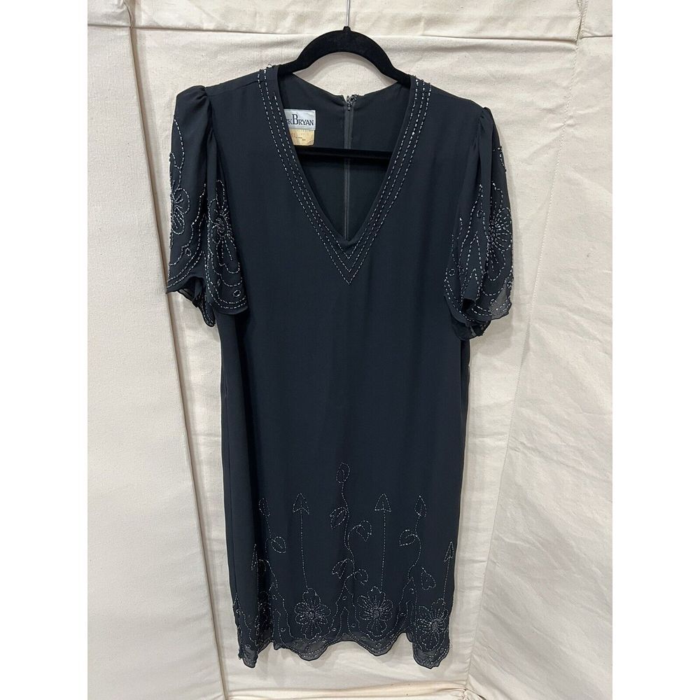 Vintage Jack Bryan Black Beaded V-Neck Floral Bead Evening Dress 14 - Picture 1 of 6